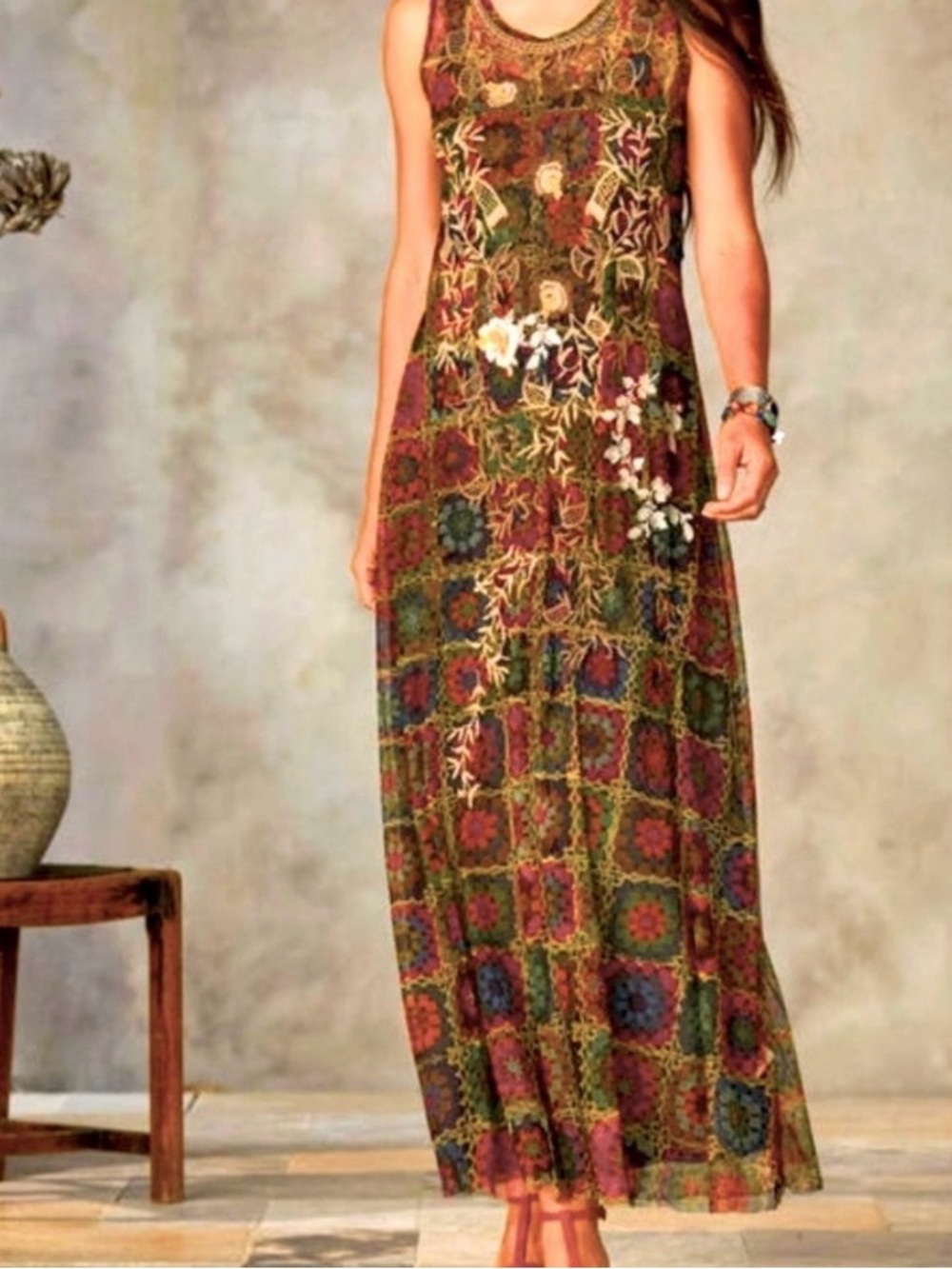 Johnny Was Embroidered Mosaic Maxi Dress - Red, Green, Blue